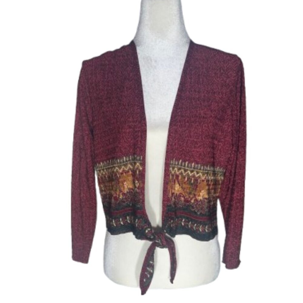 Pleat Pleat by Rafael Burgundy Cropped Front Waist Tie Cardigan Large